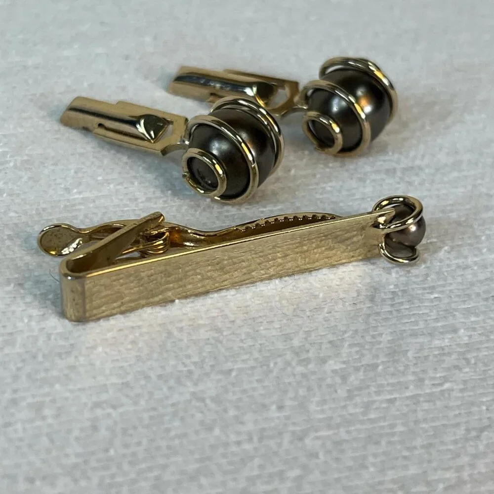 Vintage SWANK Gold Tone w/ Gray‎ Pearl/Bead Cuff Link Tie Tac Set Formal Wedding